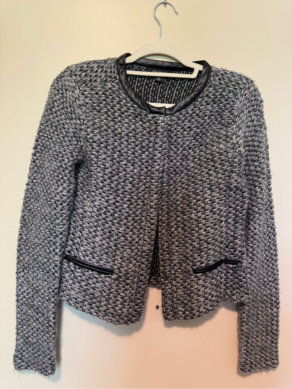 Ann Taylor Gray Textured Knit Cropped Jacket with Black Trim